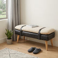 35 Inch Beige Black And Brown Boucle Genuine Leather And Solid Wood Upholstered Bench