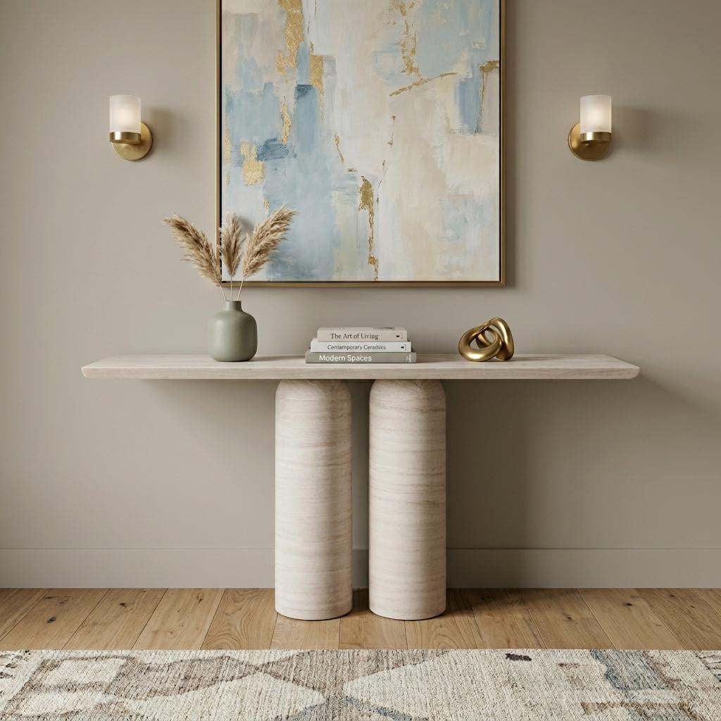 60 Beige Genuine Marble Pedestal Console Table