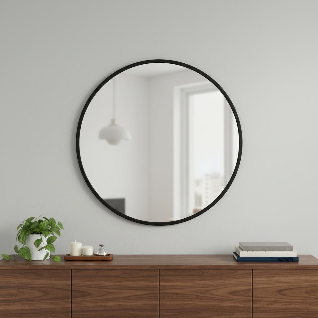 30 Black Aluminum Round Framed Accent Mirror