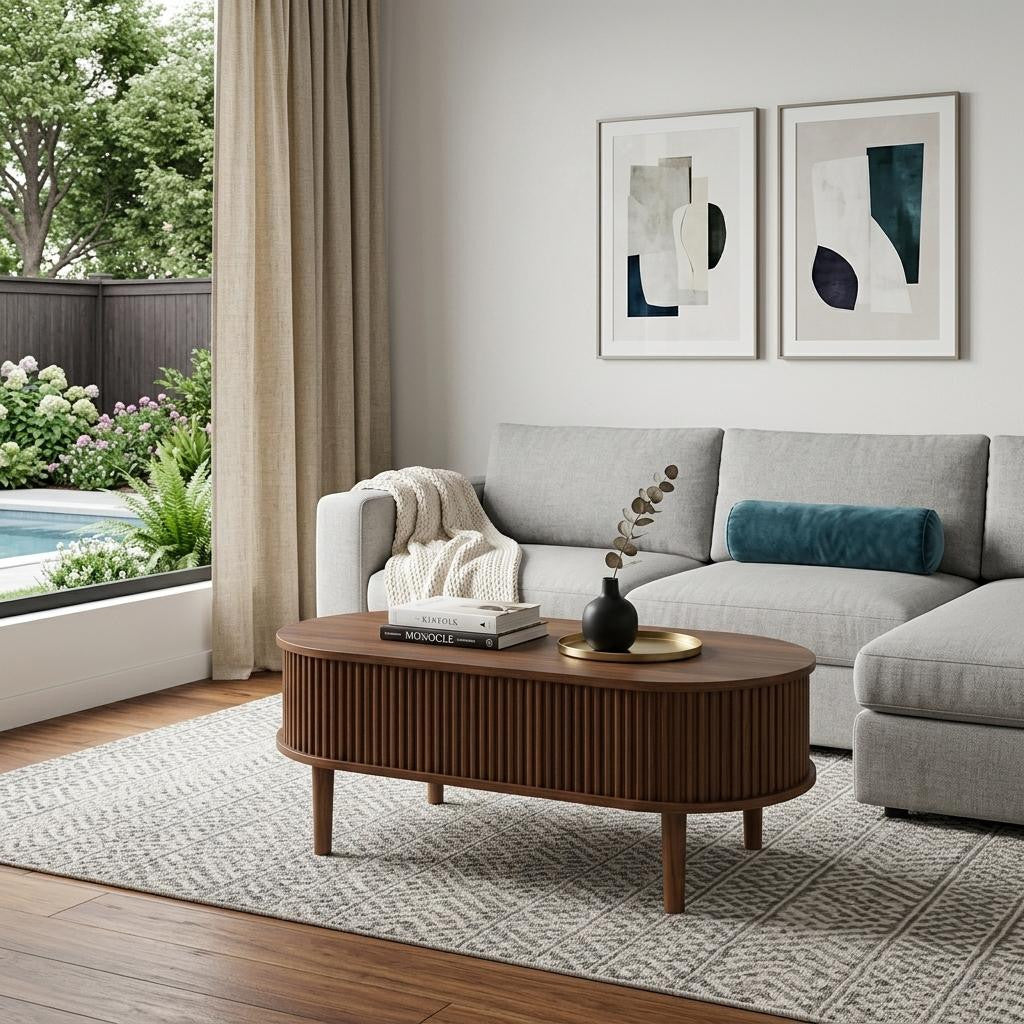 39 Inch Brown Wood Oval Lift Top Coffee Table