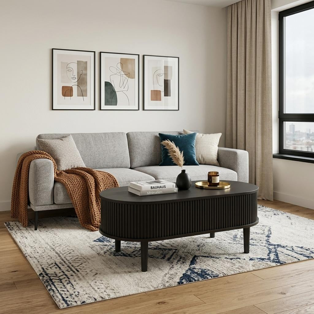 39 Inch Black Wood Ribbed Oval Lift Top Coffee Table