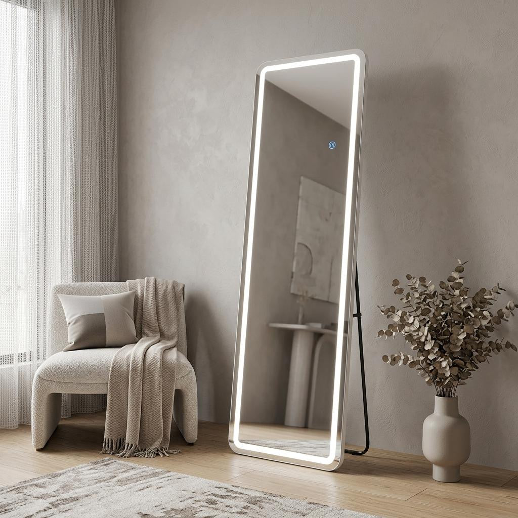 60 Silver Lighted Freestanding And Wall Mounted Framed Full Length Mirror
