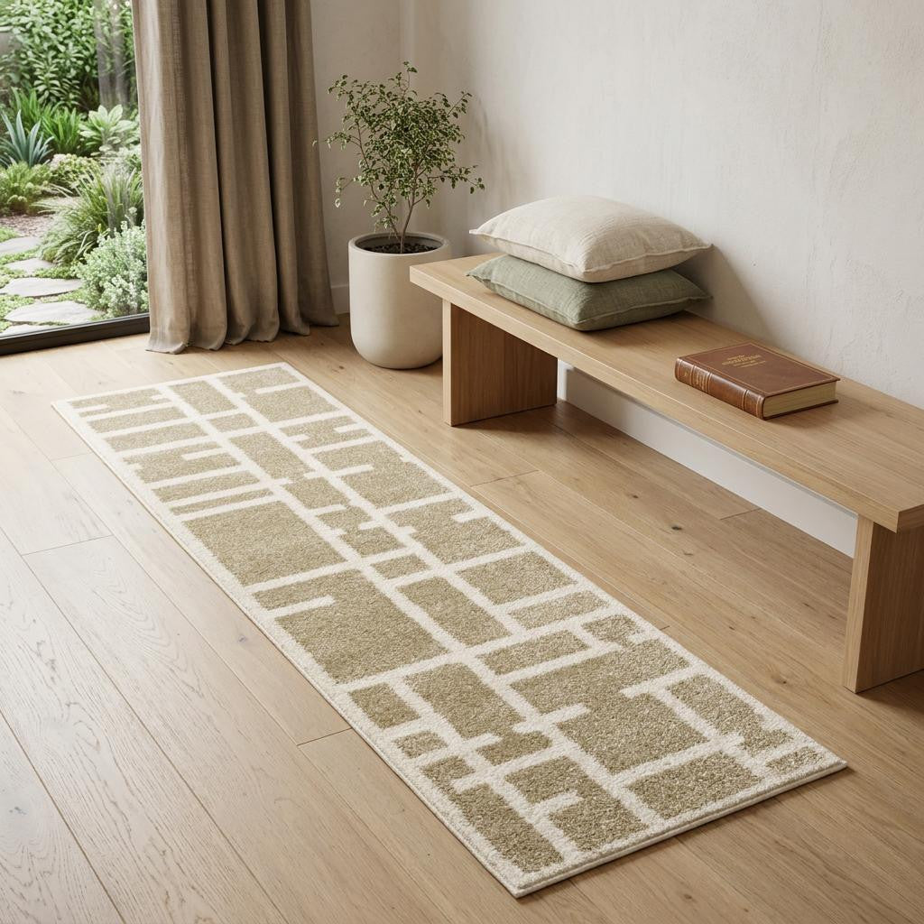 7 Beige And Ivory Geometric Runner Rug