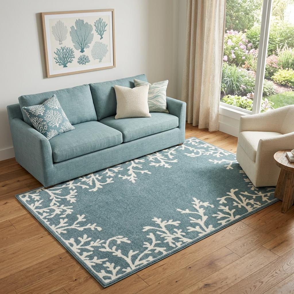 5 X 7 Blue And Ivory Seashell and Coral Area Rug