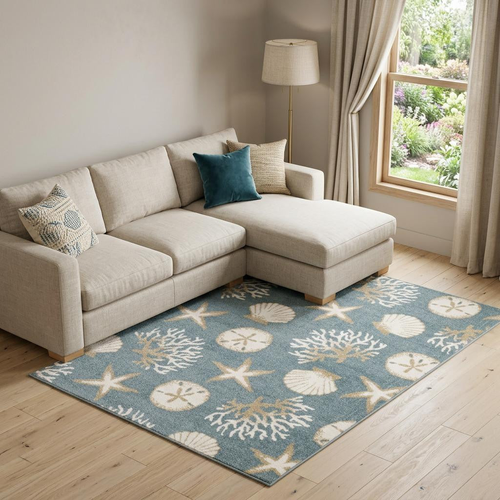 8 X 10 Blue And Beige Seashell and Coral Area Rug
