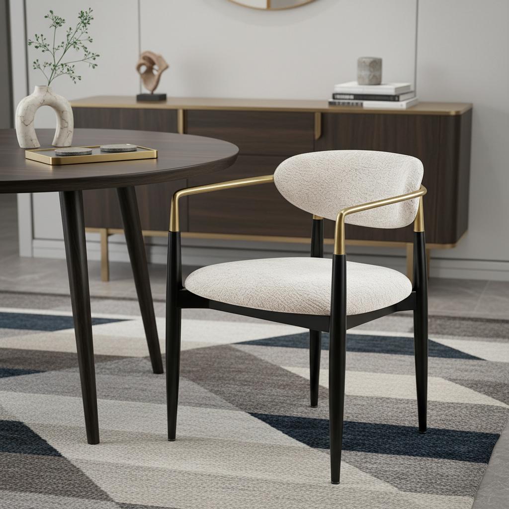 Beige and Black Faux Linen Dining Arm Chair