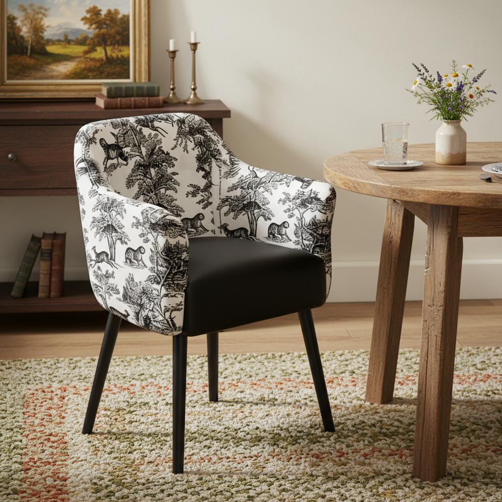 Black and White Faux Leather And Velvet Toile Print Dining Arm Chair