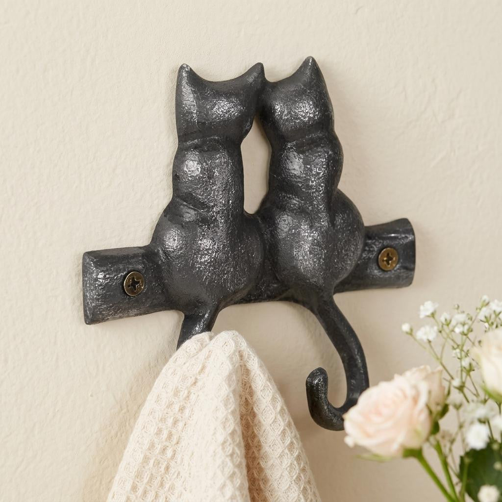 Two Hook 5 Black Cast Iron Cats Wall Hook