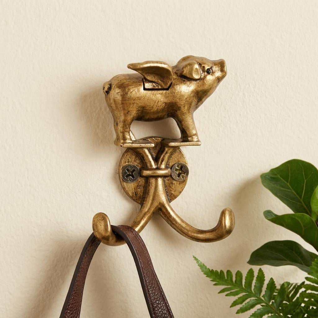 Two Hook 2 Antiqued Gold Cast Iron Pig Wall Hooks