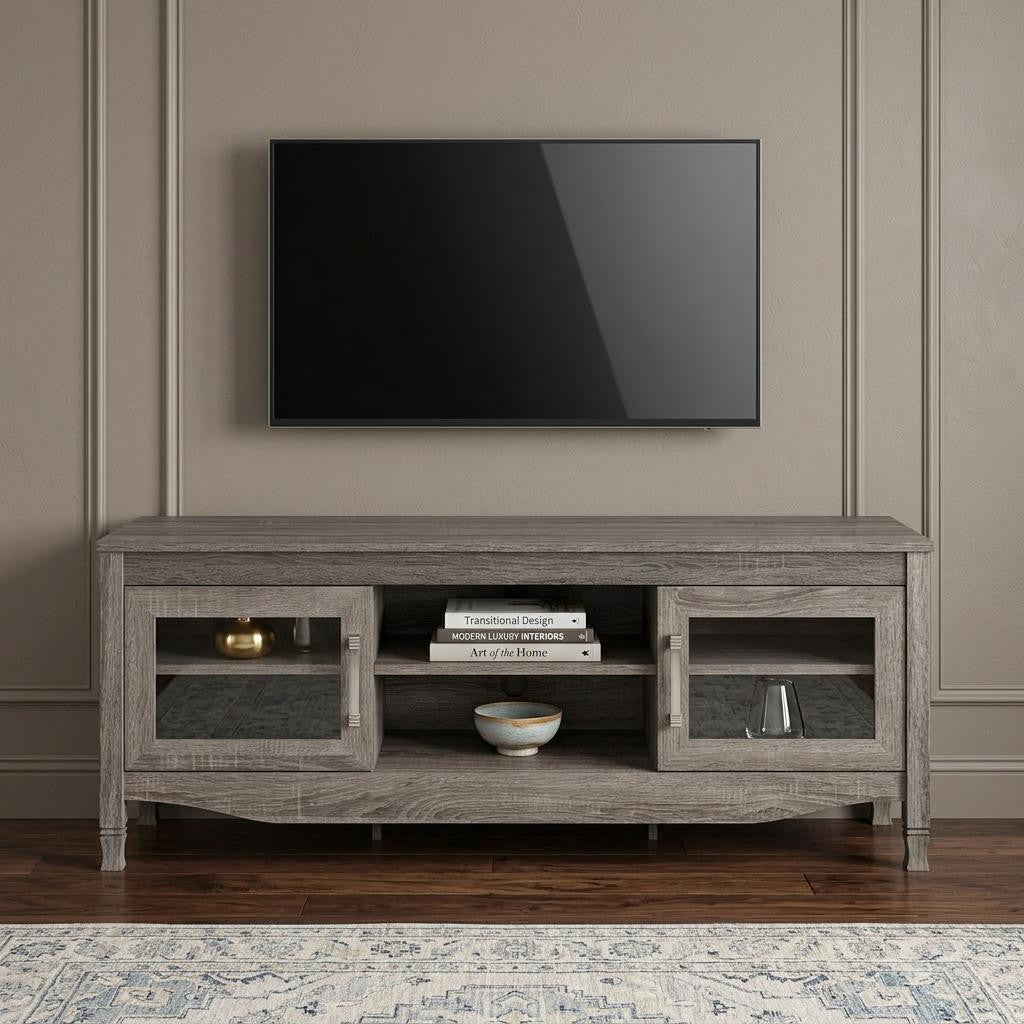 53 Inch Gray Wood Enclosed and Open Storage TV Stand