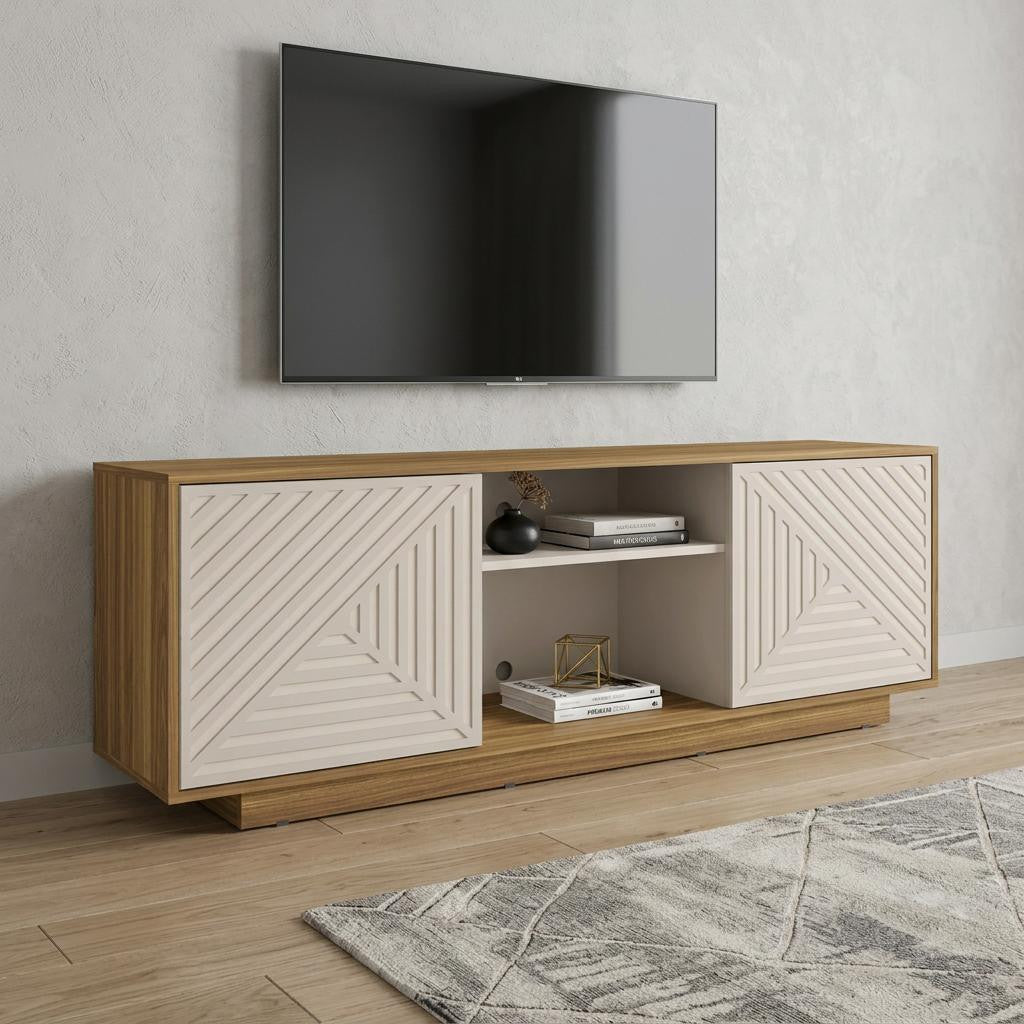 63 Inch Oak And White Carved Texture Wood Enclosed and Open Storage TV Stand