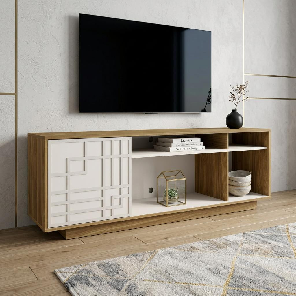 63 Inch Natural And White Carved Geometric Wood Enclosed and Open Storage TV Stand