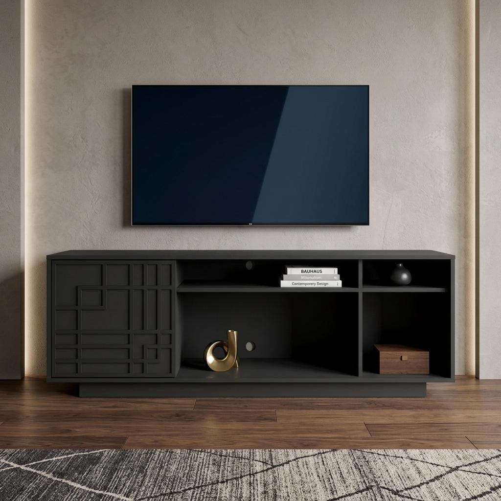 63 Inch Black Carved Geometric Wood Enclosed and Open Storage TV Stand