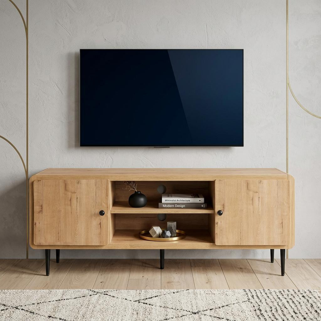 55 Inch Natural Wood Enclosed and Open Storage TV Stand