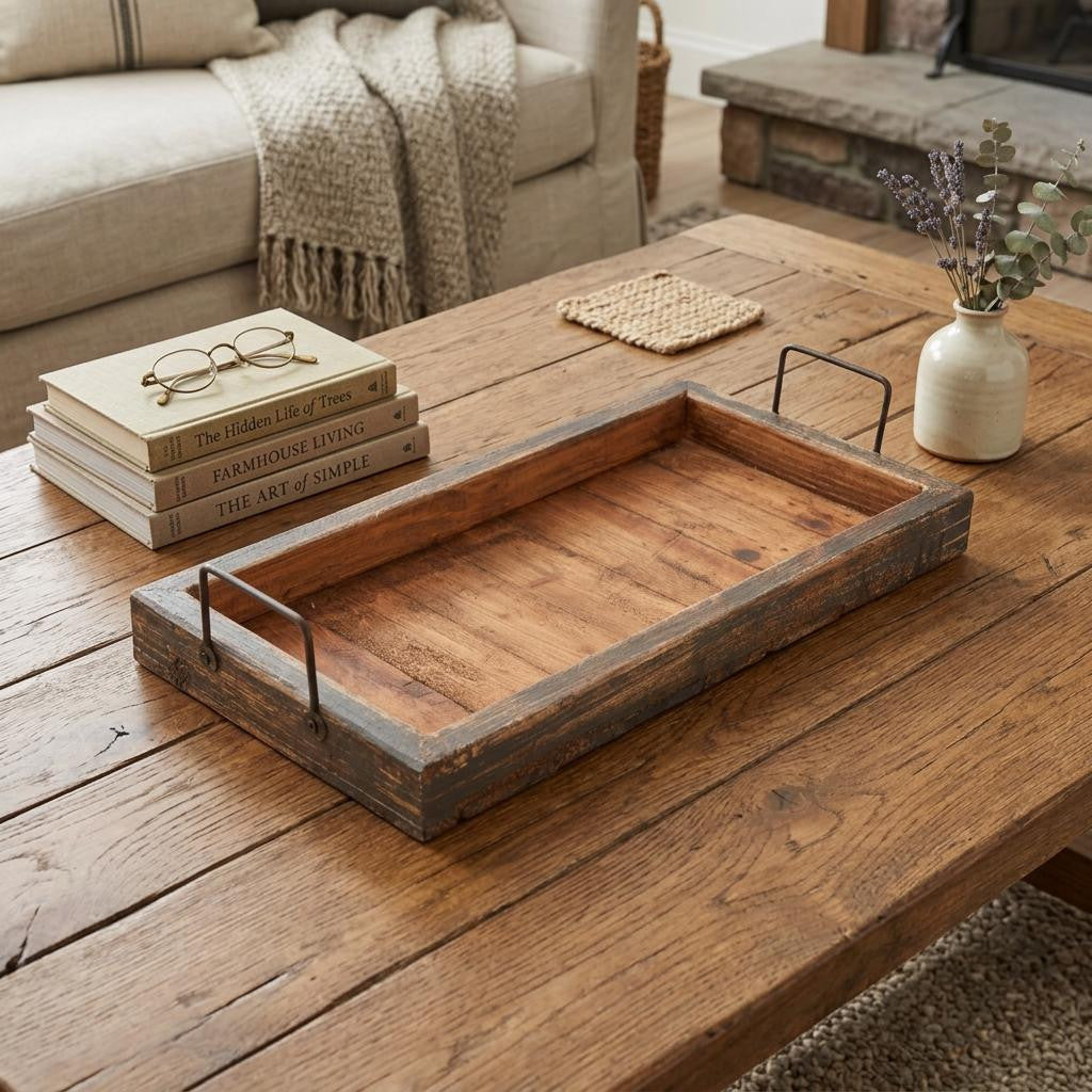 21 Gray And Natural Solid Wood Handmade Serving Tray With Handles
