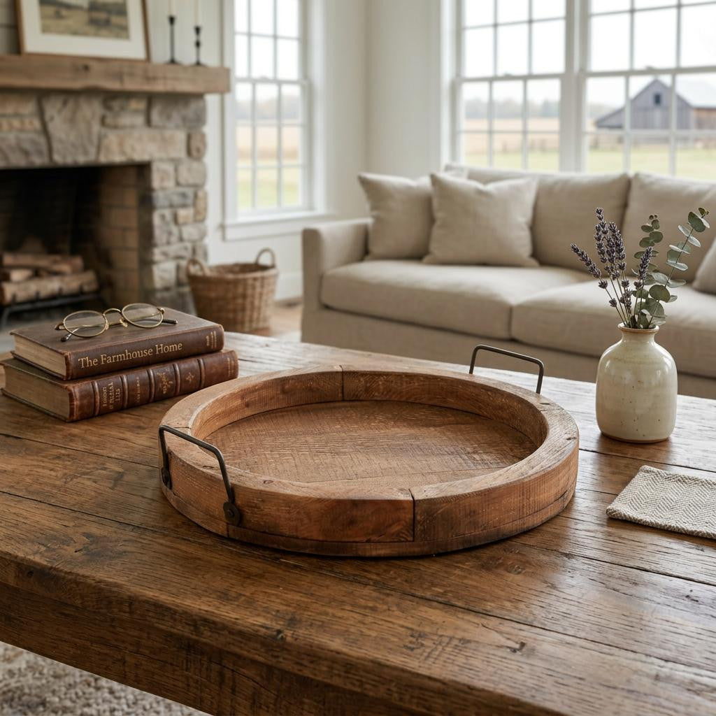 15 Natural Solid Wood Handmade Round Serving Tray With Handles