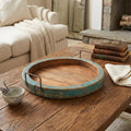 15 Natural And Turquoise Solid Wood Handmade Round Serving Tray With Handles
