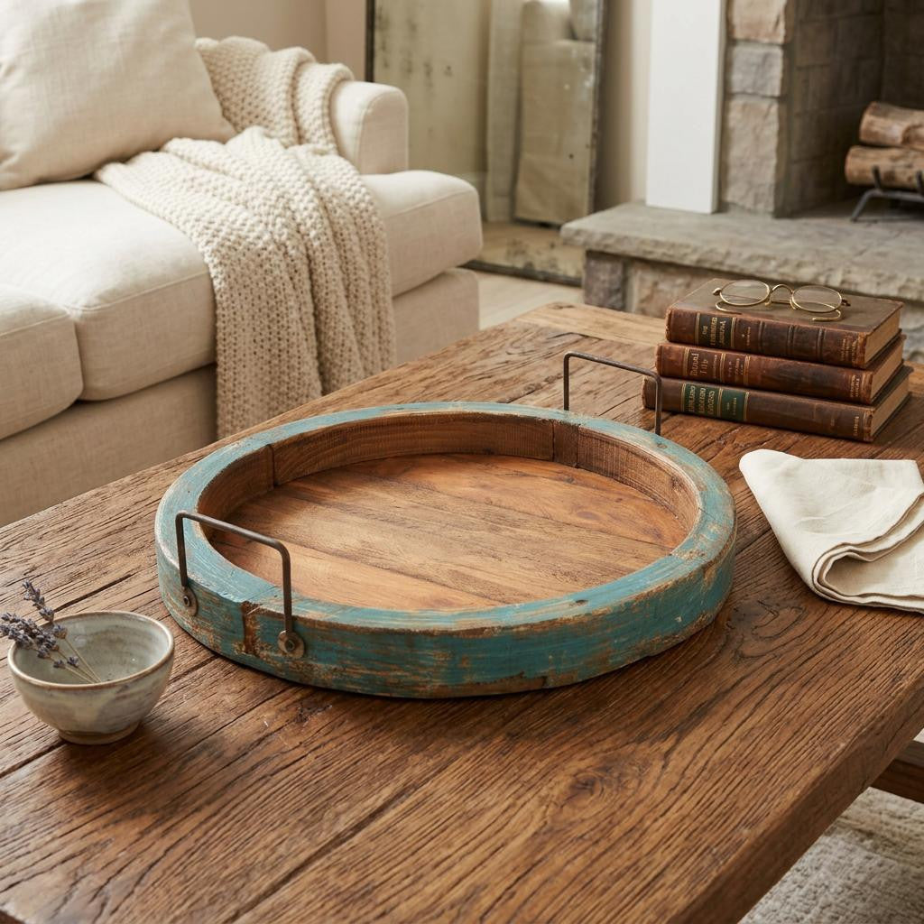 15 Natural And Turquoise Solid Wood Handmade Round Serving Tray With Handles