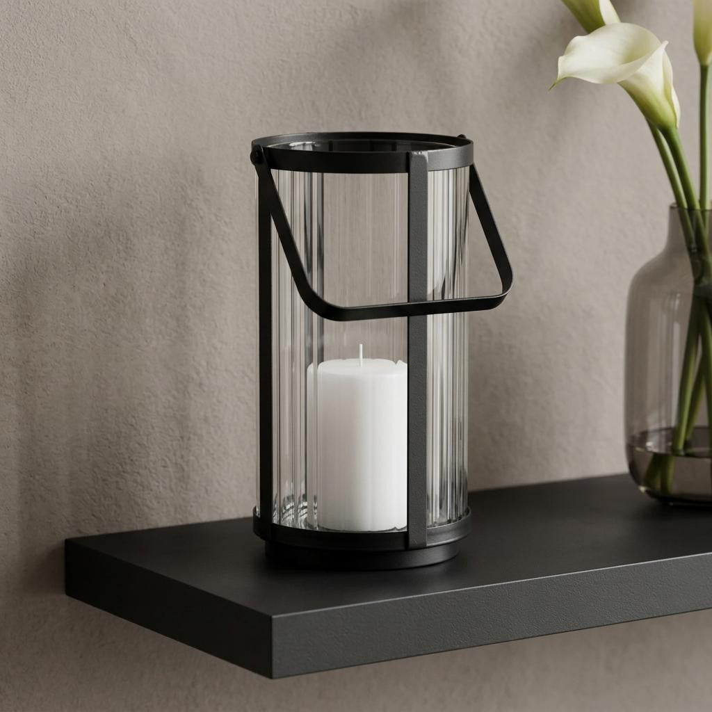 9 Clear And Black Glass And Metal Tabletop Lantern Candle Holder