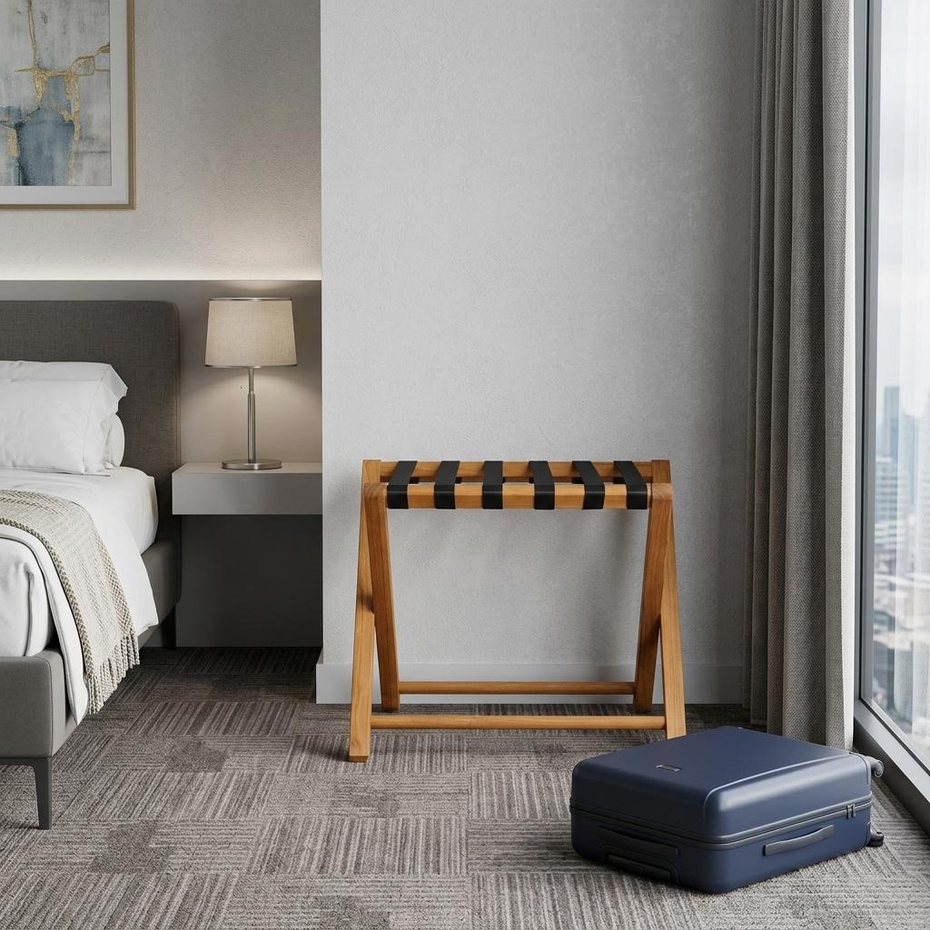 Natural Solid Wood Folding Luggage Rack With Black Straps