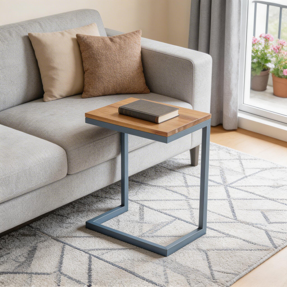 26 Inch Natural and Blue Wood and Iron End Table
