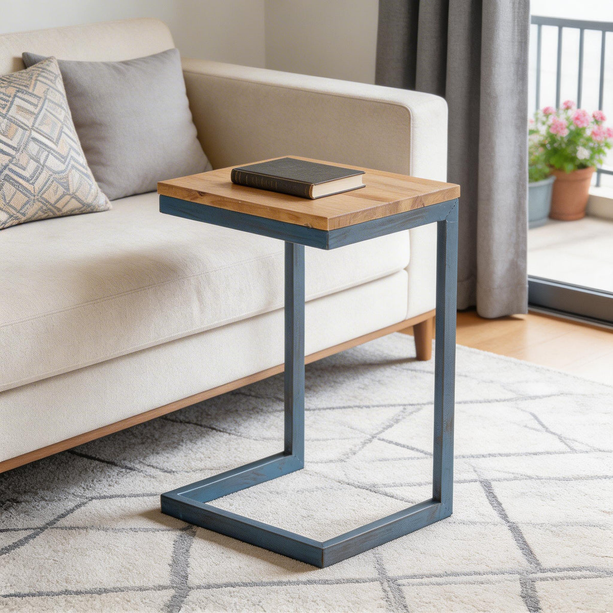 22 Inch Natural and Blue Wood and Iron End Table