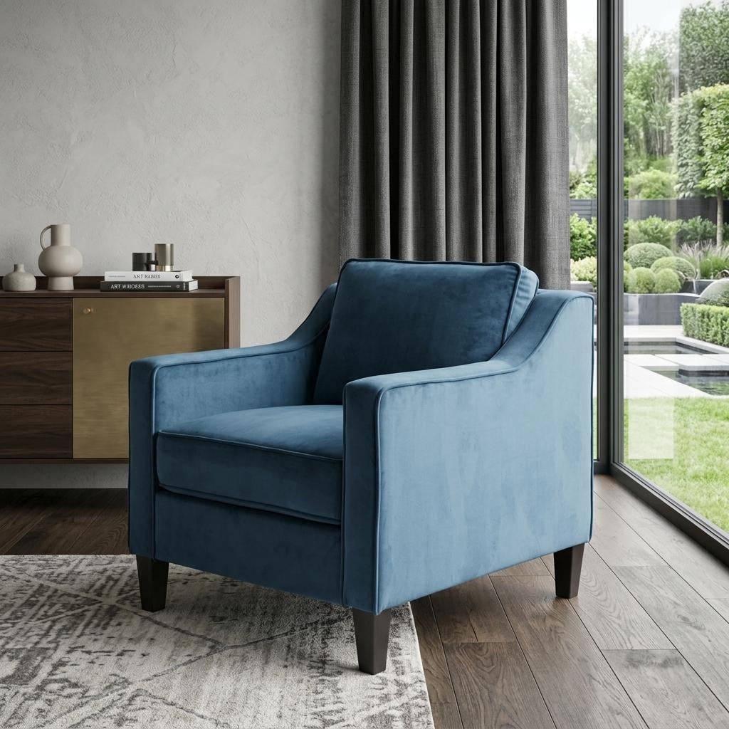 31 Inch Blue And Black Velvet And Wood Club Chair