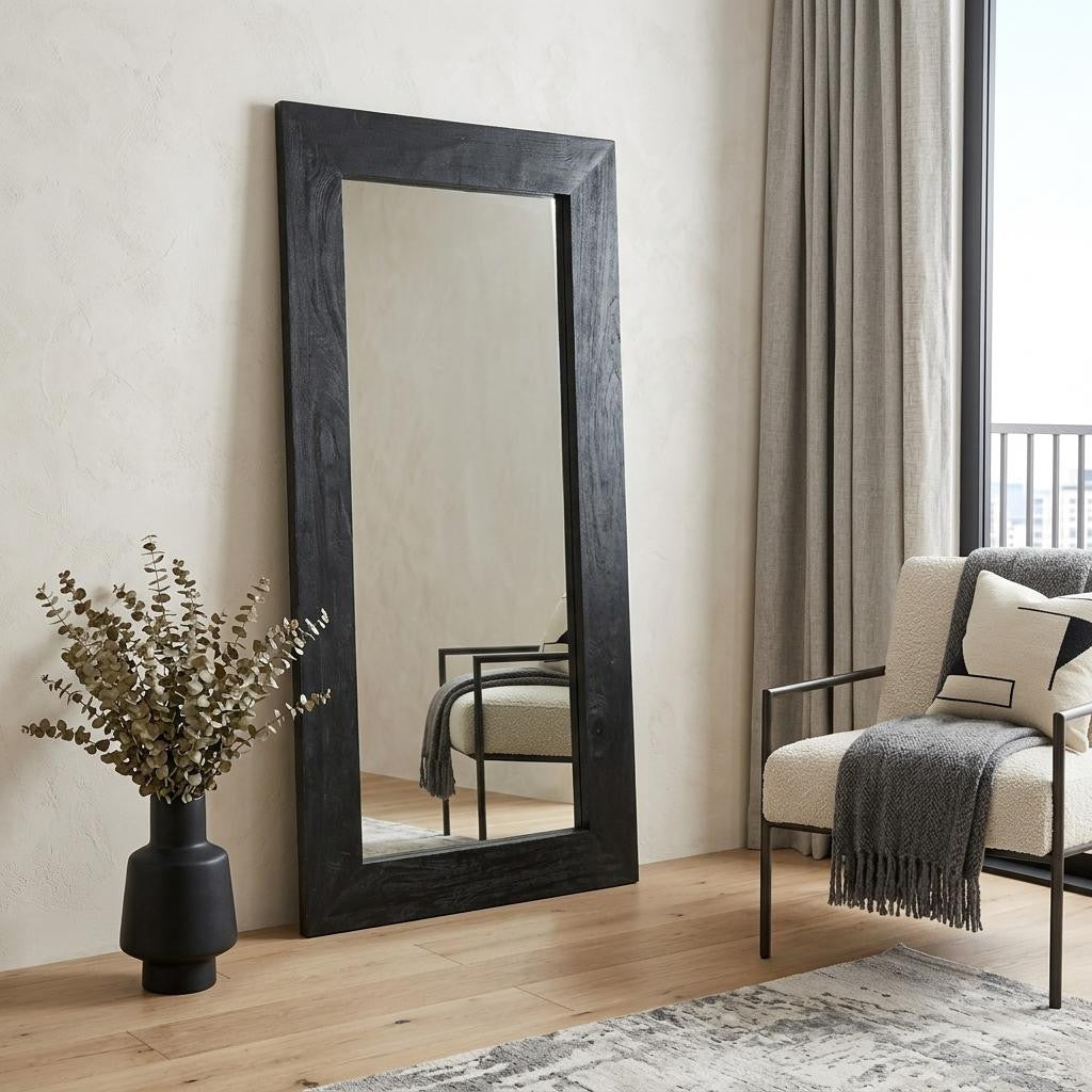 64 Inch Black Solid Wood Leaning Framed Full Length Mirror