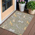 3 X 5 Taupe And Green Forest Animals And Botanical Leaves Washable Area Rug