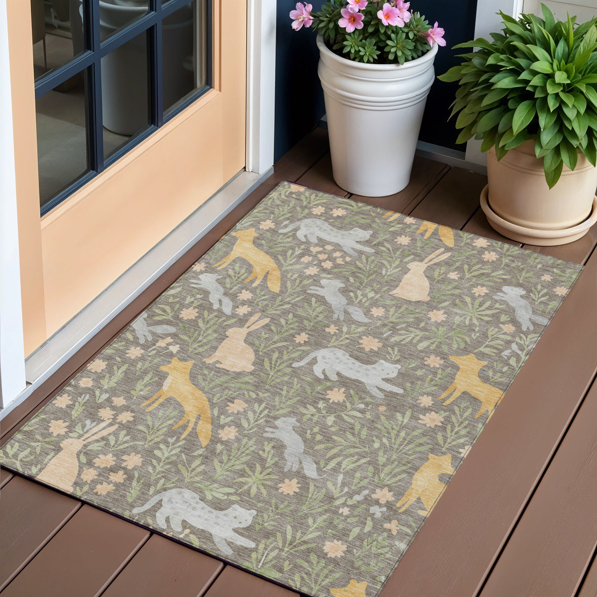 3 X 5 Taupe And Green Forest Animals And Botanical Leaves Washable Area Rug