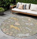 8 Taupe And Green Round Forest Animals Botanical Leaves Washable Round Area Rug