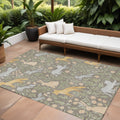 9 X 12 Taupe And Green Forest Animals And Botanical Leaves Washable Area Rug