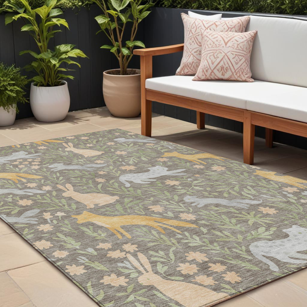 10 X 14 Taupe And Green Forest Animals And Botanical Leaves Washable Area Rug