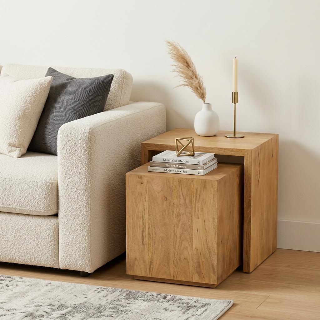 Set of Two Natural Solid Wood Frame Nested Tables