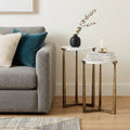 Set of Two White and Antiqued Gold Marble and Iron Round Cross Legs Nested Tables