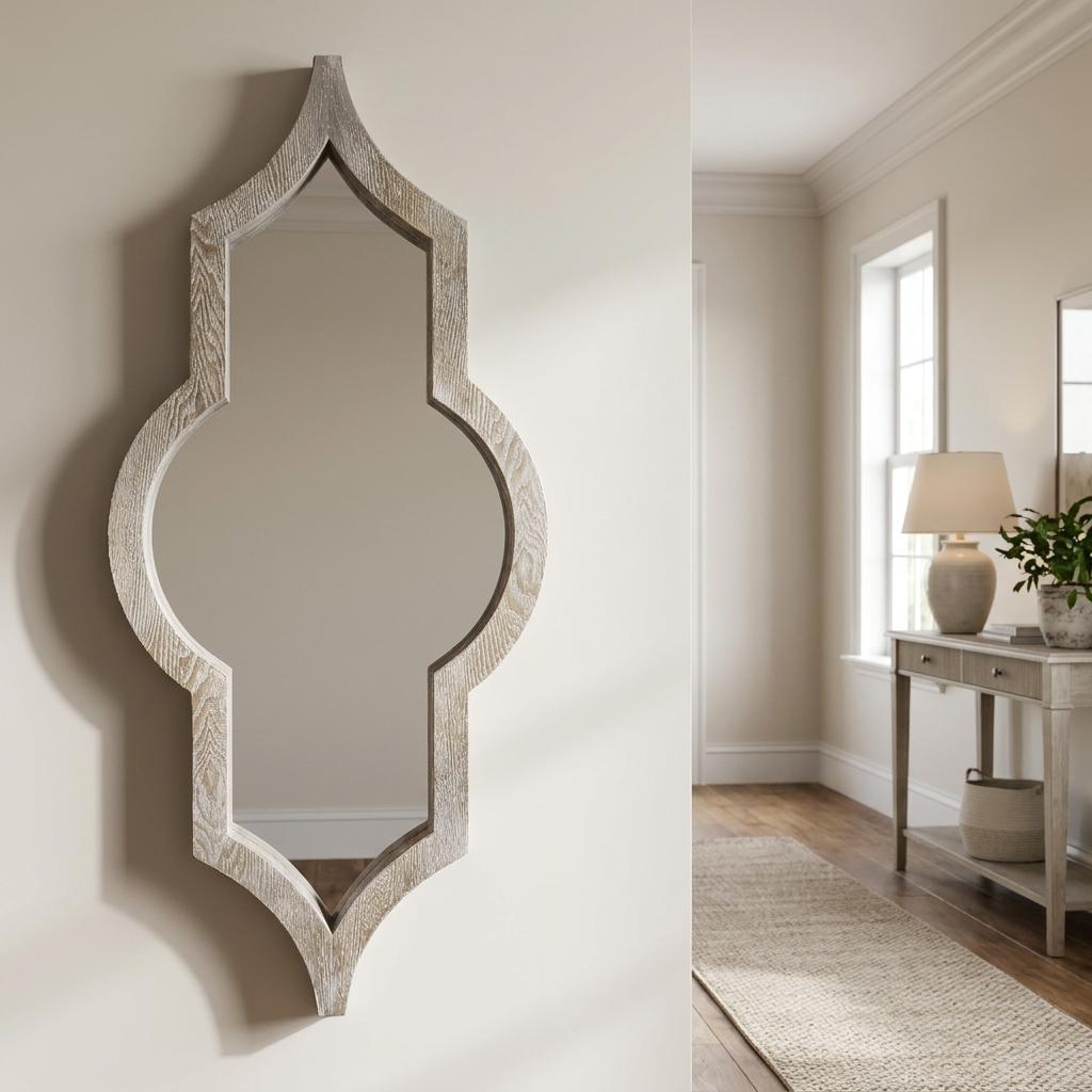 34 Inch Light Brown Solid Wood Quatrefoil Geometric Framed Accent Mirror