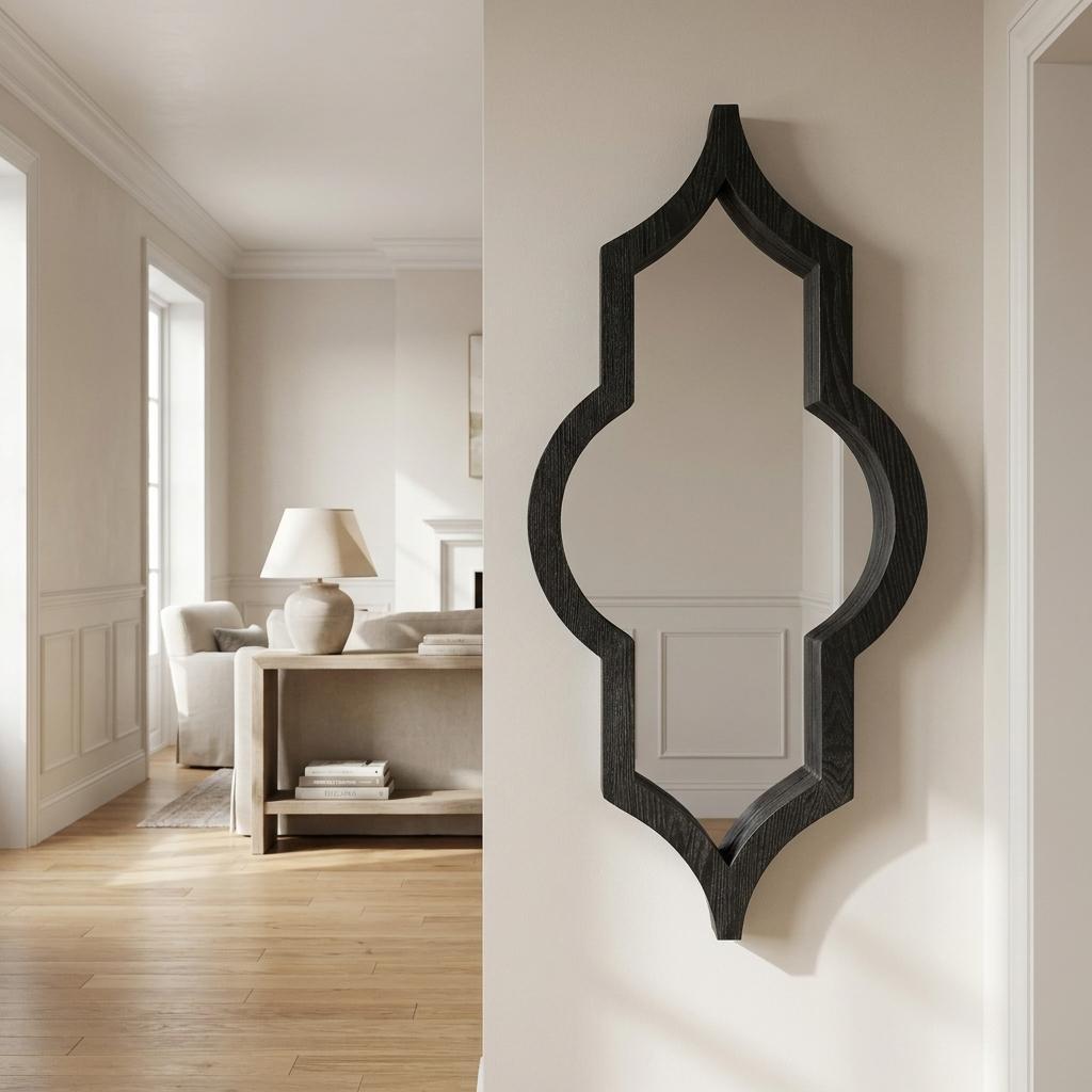 34 Inch Brown Solid Wood Quatrefoil Framed Accent Mirror