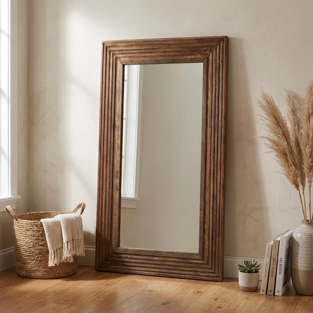 48 Inch Brown Ribbed Solid Wood Wall Mounted And Leaning Framed Accent Mirror