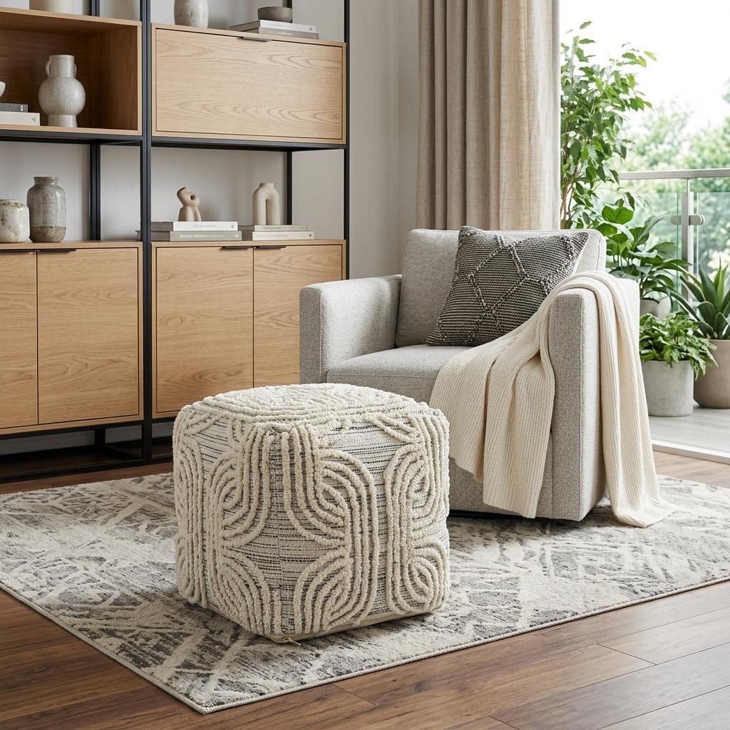 16 Inch Beige Cream and Gray Cotton and Wool Geometric Cube Pouf Ottoman