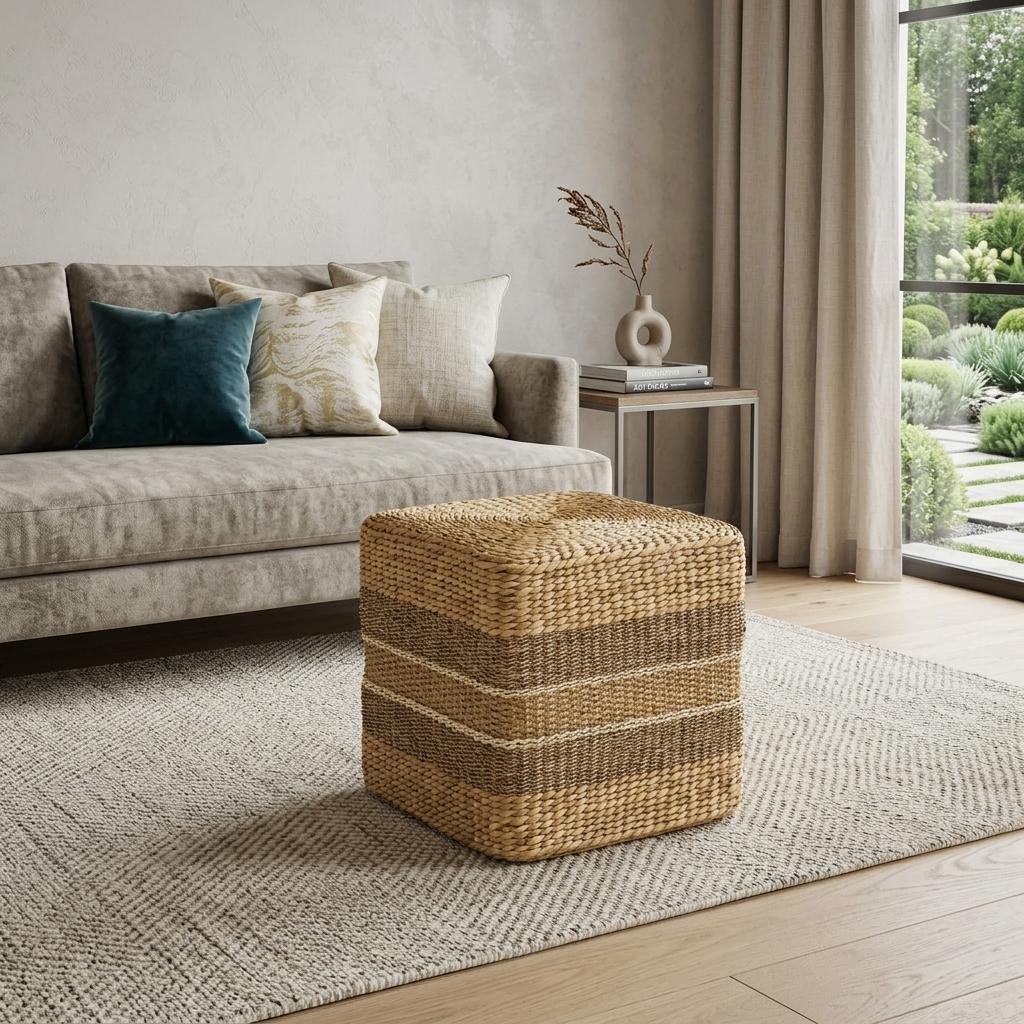 18 Inch Brown and Gray Fabric Striped Round Pouf Ottoman