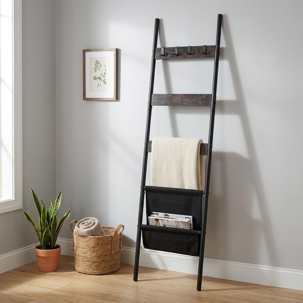 63 Inch Black Metal Blanket Ladder With Magazine Storage