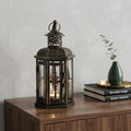 10 Inch Black Distressed Metal And Glass Filigree Tabletop Lantern Candle Holder