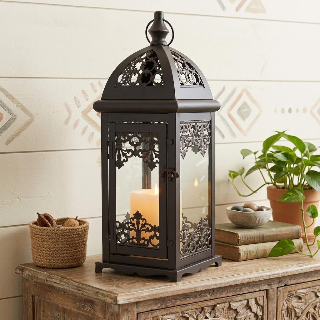 15 Black And Clear Metal And Glass Filigree Tabletop Lantern Candle Holder