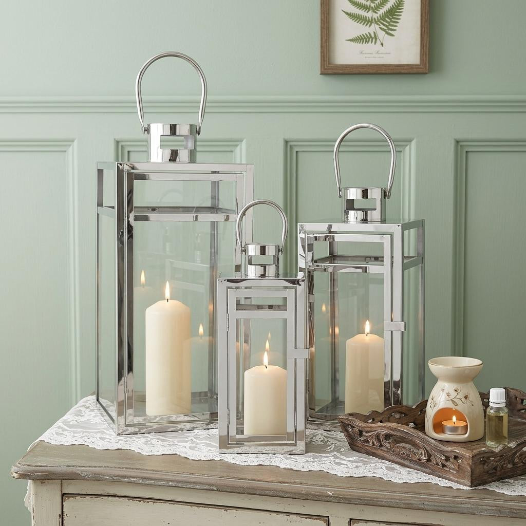 Set of Three Silver Glass And Metal Candelabra Candle Holders