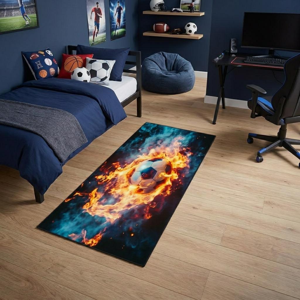6 Black Orange And Blue Flaming Soccer Washable Area Rug With UV Protection