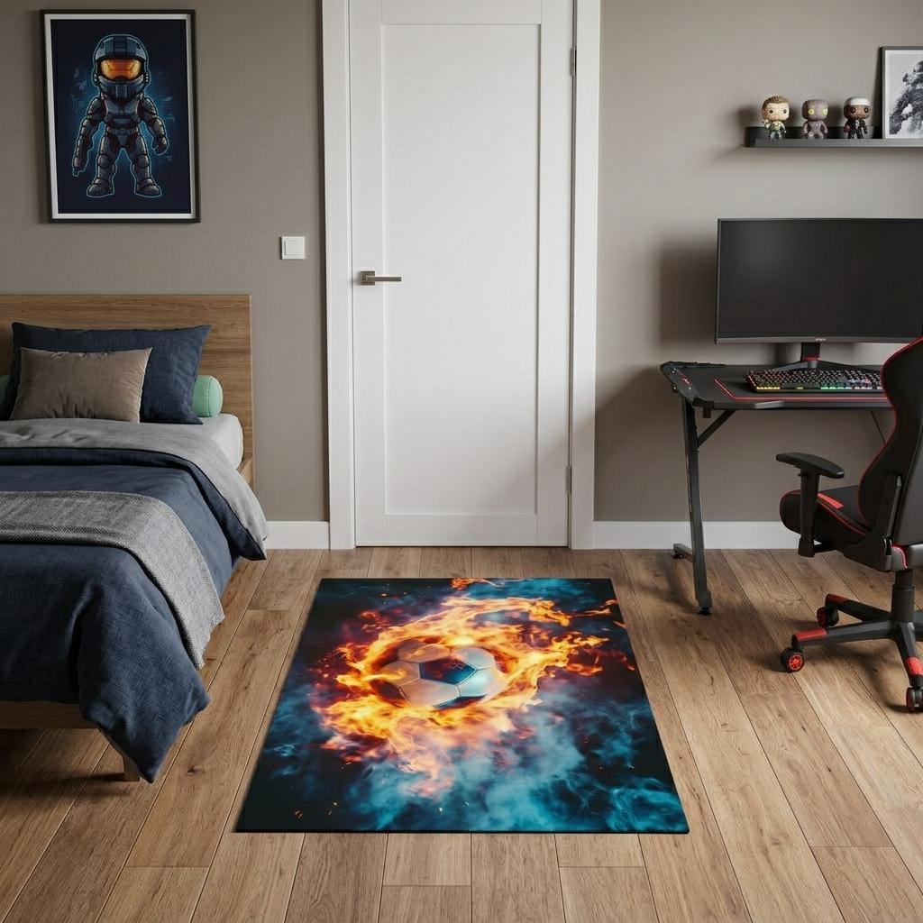 3 X 4 Black Orange And Blue Flaming Soccer Washable Area Rug With UV Protection