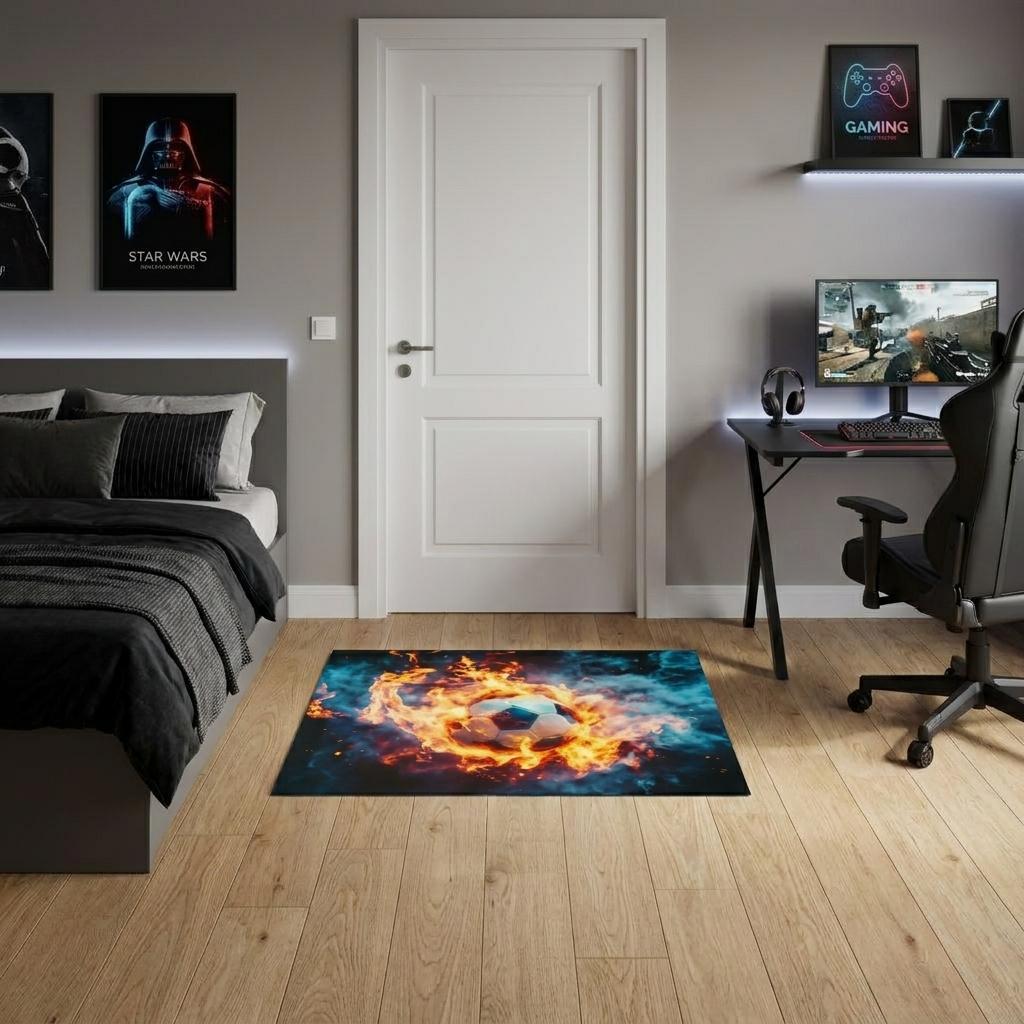 3 X 5 Black Orange And Blue Flaming Soccer Washable Area Rug With UV Protection