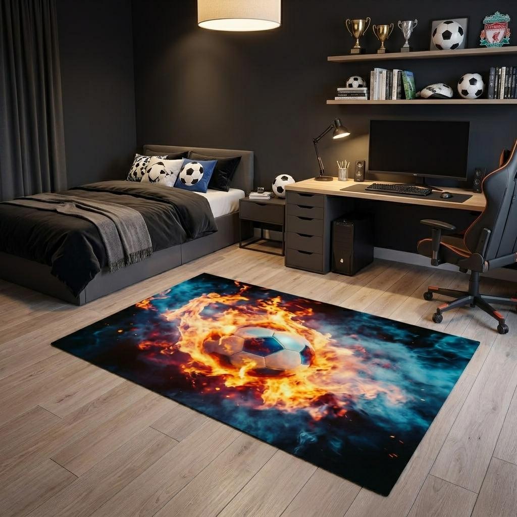 4 X 6 Black Orange And Blue Flaming Soccer Washable Area Rug With UV Protection
