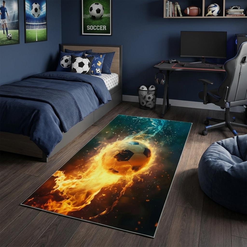 6 Blue Red And Black Soccer Flaming Soccer Washable Area Rug