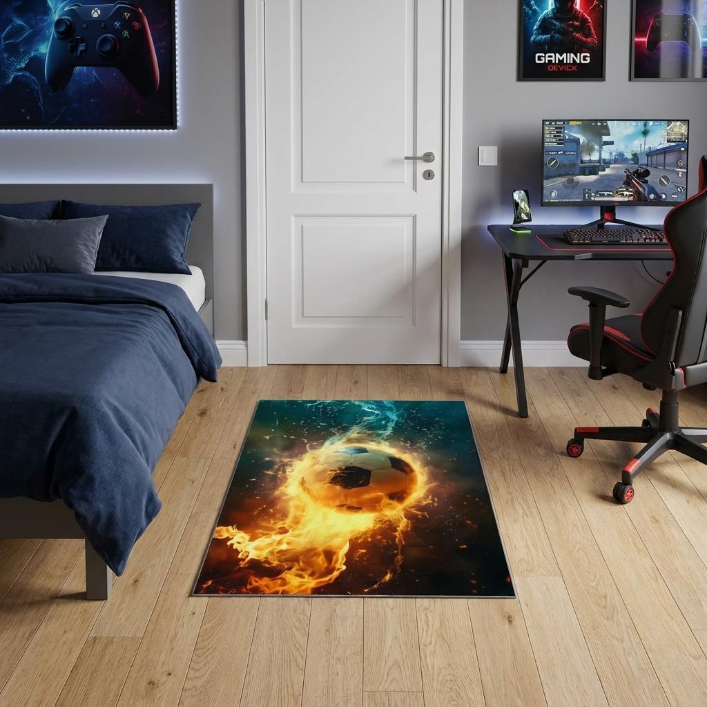 3 X 4 Blue Red And Black Flaming Soccer Washable Area Rug